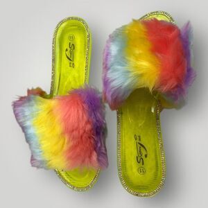 Super Jack Slides Women 11 Rainbow Green Fluffy Furry Sandals Spring Kidcore